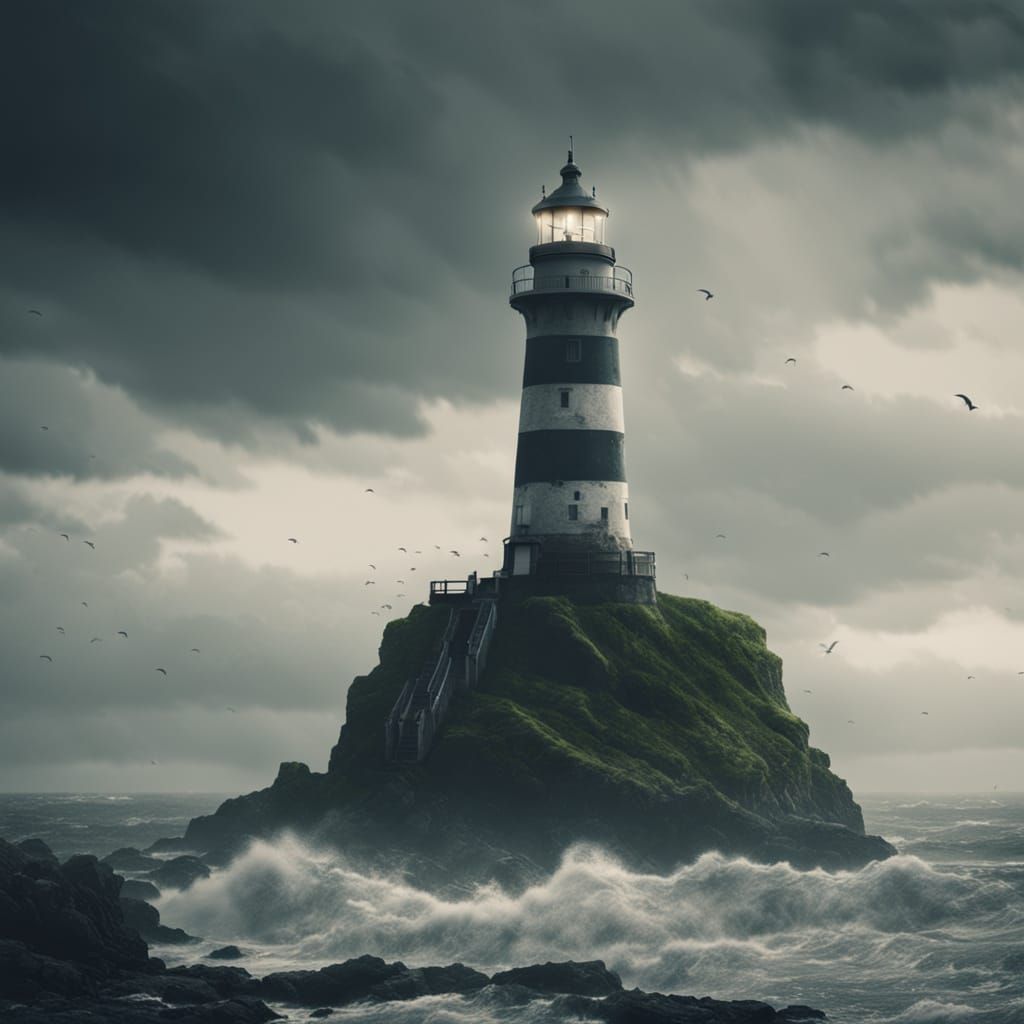 Cinematic Lighthouse on Mossy Cliff Overlooking Cloudy Sea
