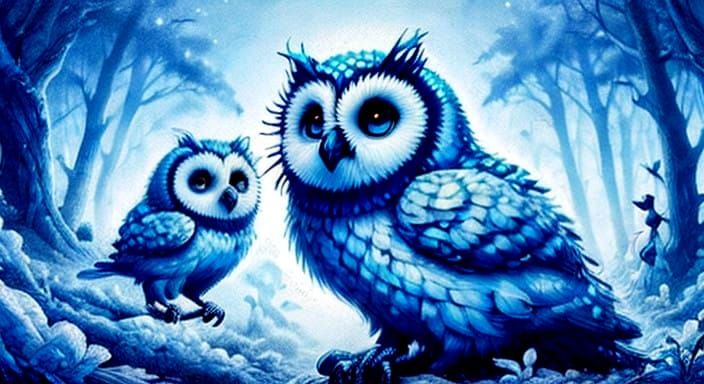 Adorable Shimmering Blue Owls Perched on a Photorealistic Gr...