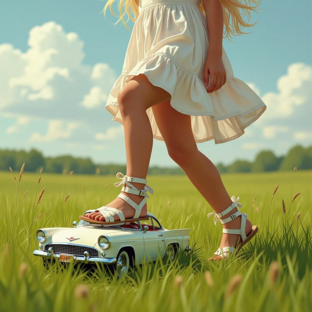 Girl Crushing Car in Field: Digital Art