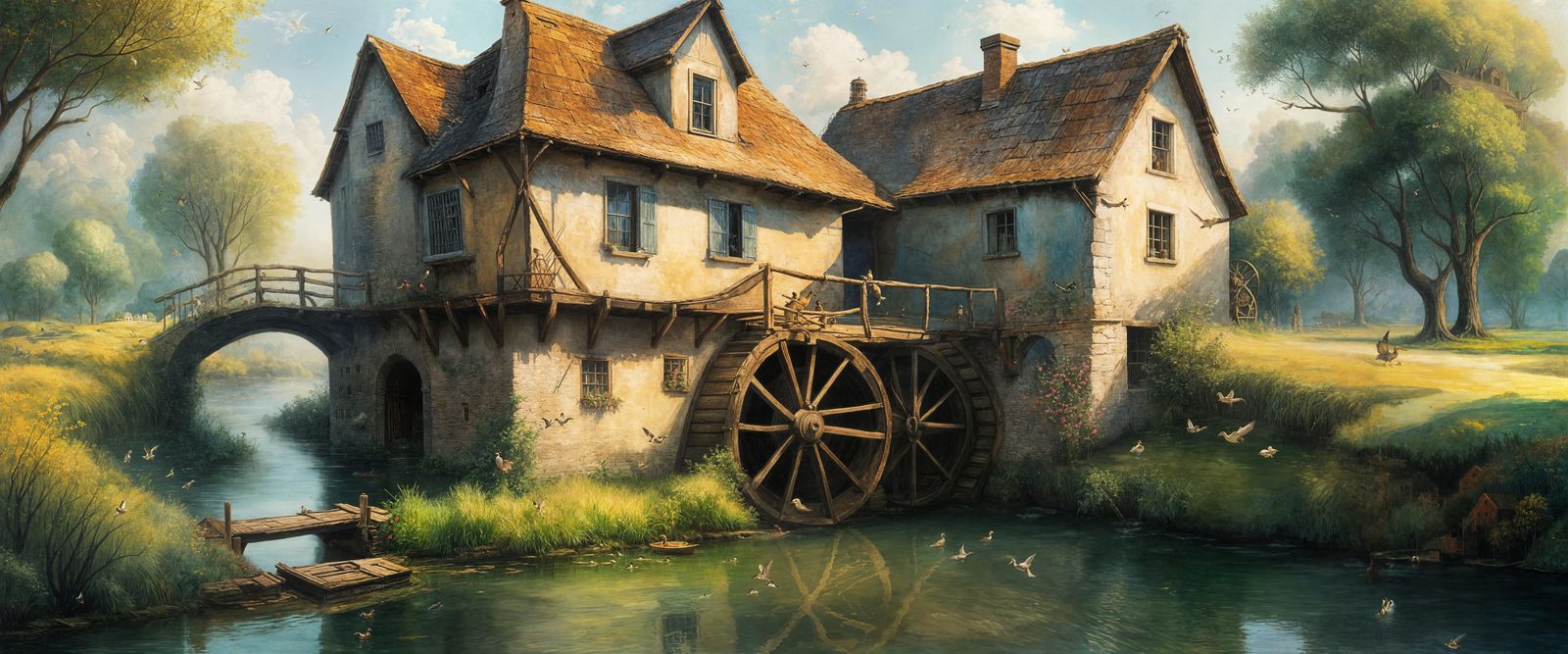 Surreal English Water Mill Scene with Melting Background