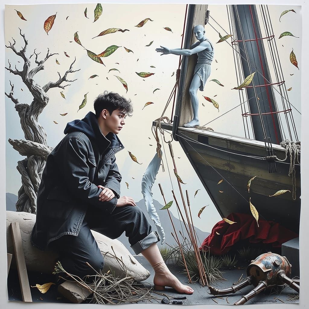 Colorful Landscape with Pink Figure and Golden Leaves