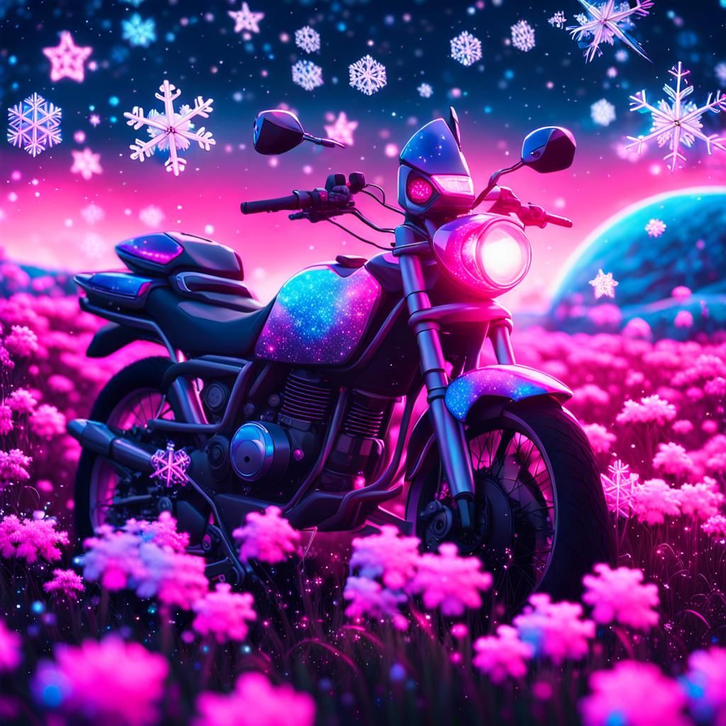 Motorcycle in Star Meadow with Synthwave Accents