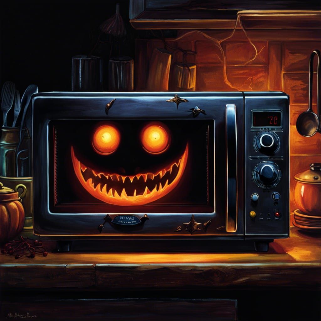 Spooky Anthropomorphic Microwave in Dark Kitchen