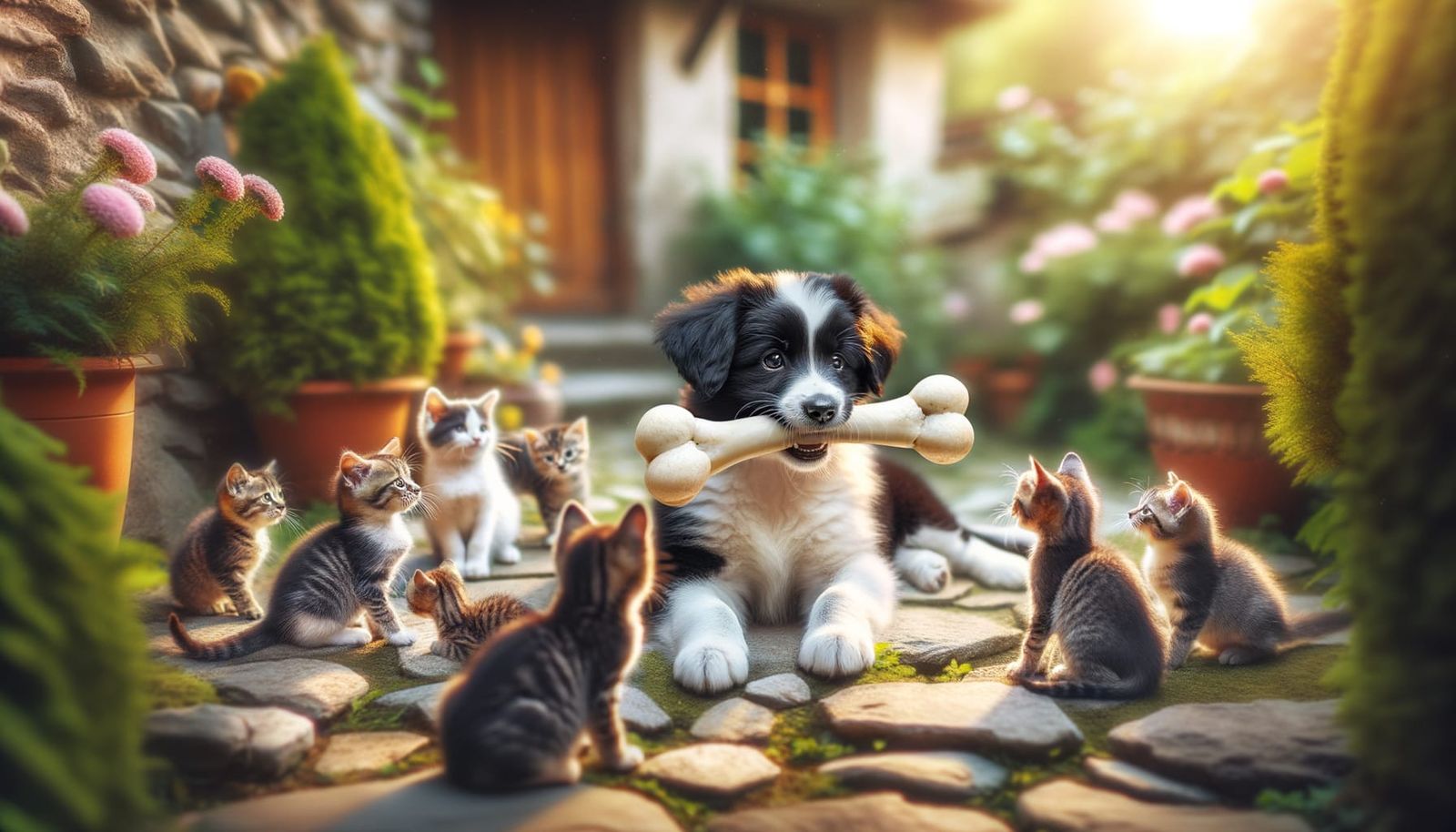 Playful Puppy Sharing Bone with Kittens in Garden