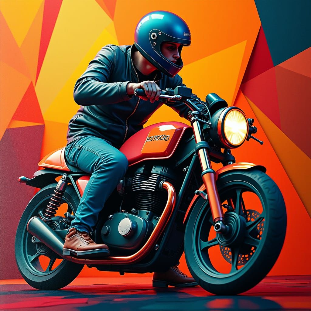 Motorcycle Enthusiast Portrait in Neo-Cubist Style