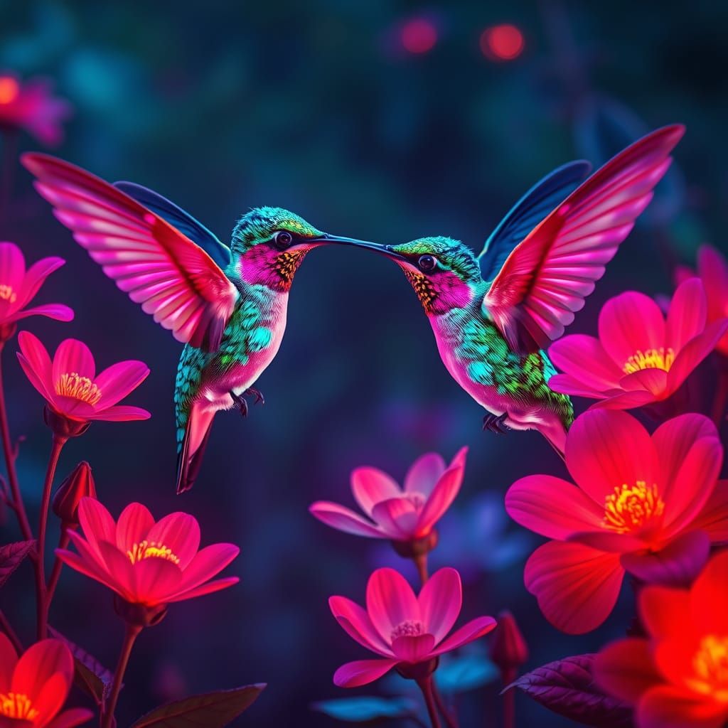 Neon Hummingbirds in a Surreal Garden