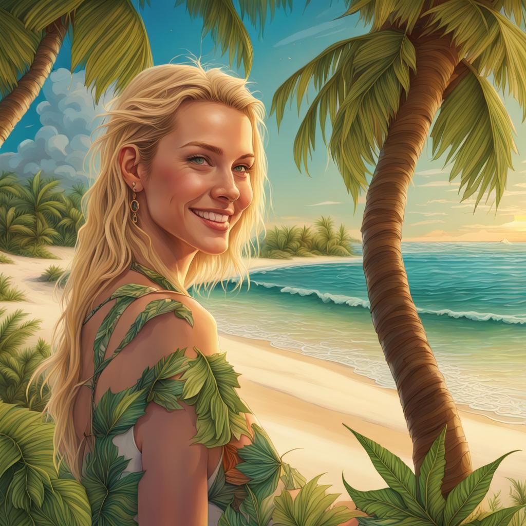 Smiling Girl with Cannabis Leaves, Digital Art