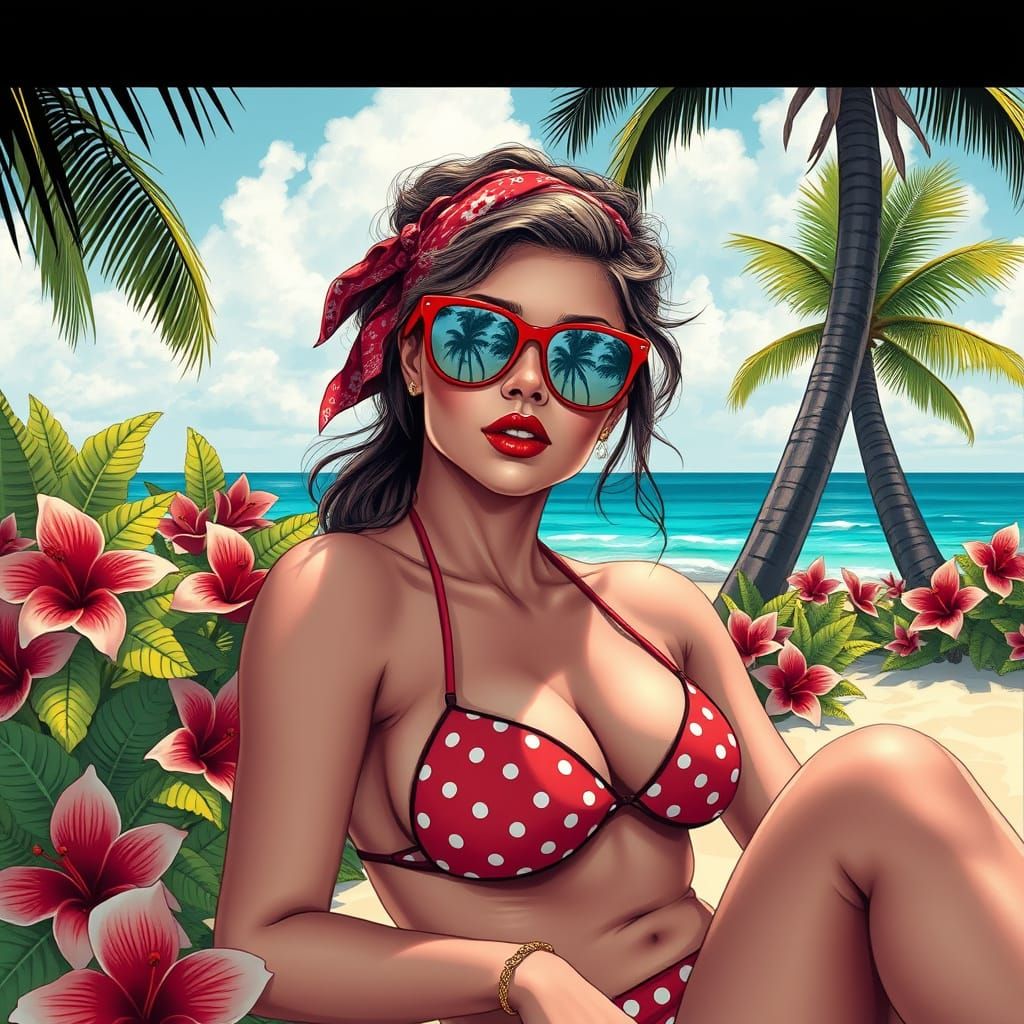 Woman in Polka Dot Bikini on Tropical Beach