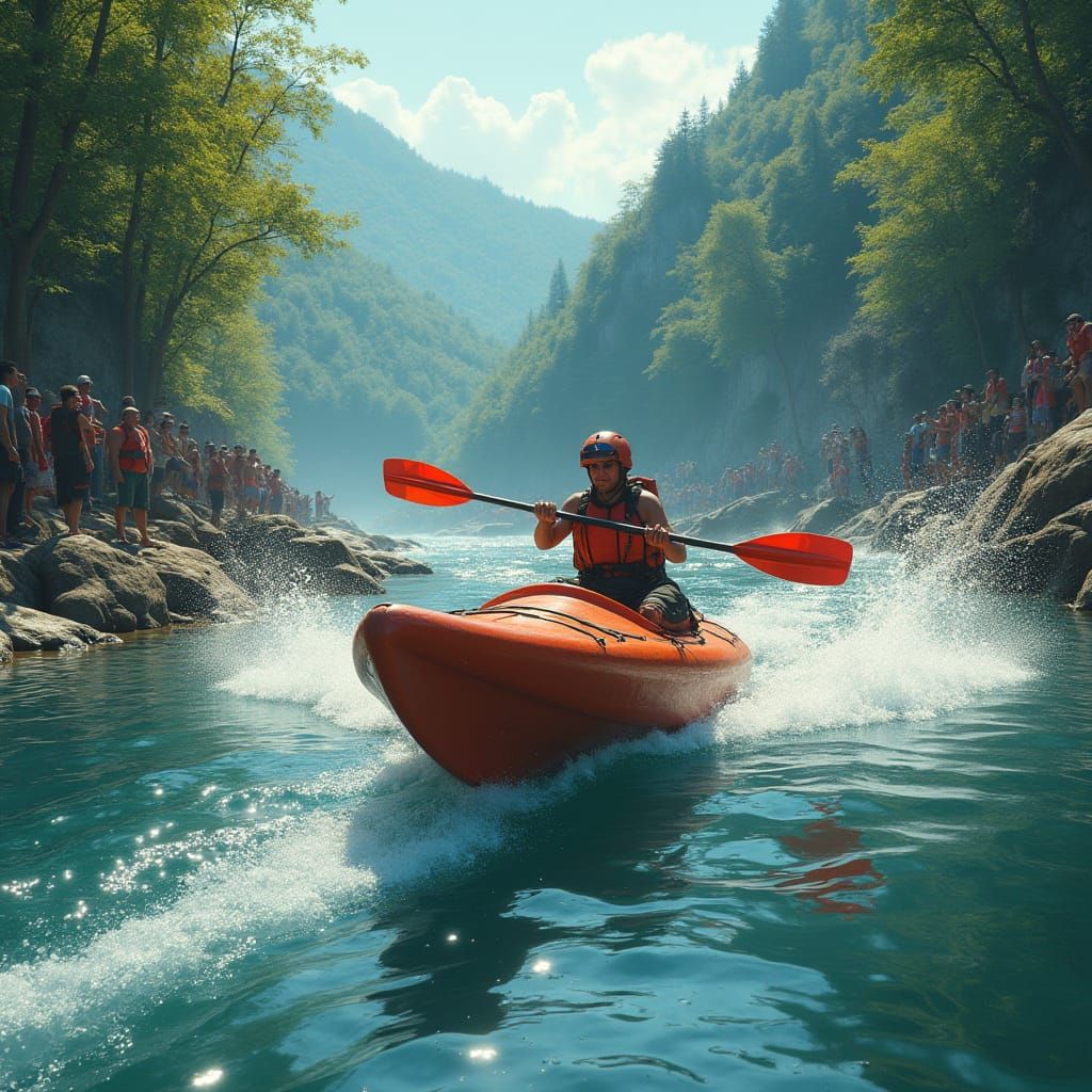 K2 Kayak Race on River in Hyperrealistic Style