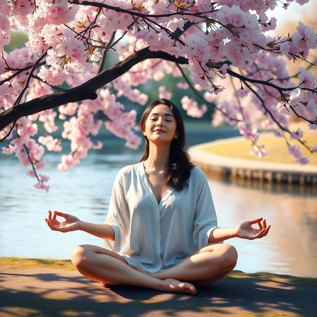 Woman Meditating Under Cherry Blossoms