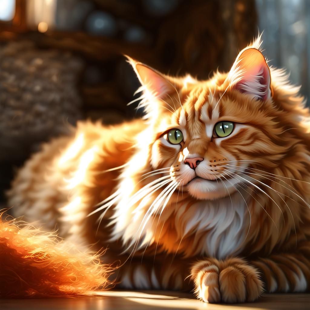 Ginger Cat Plays in Sunlight: Photorealistic Digital Paintin...