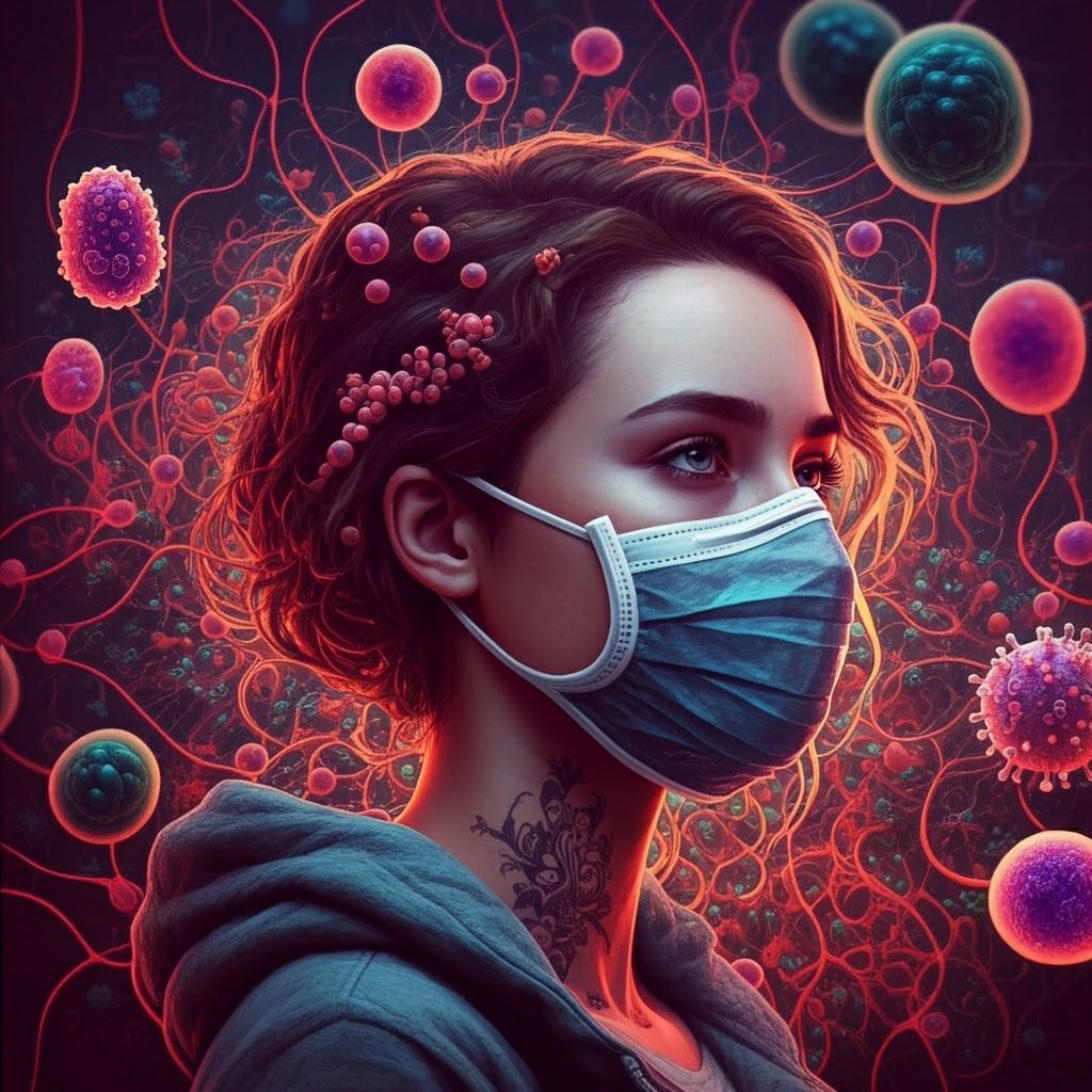 Woman in Mask Surrounded by Microorganisms