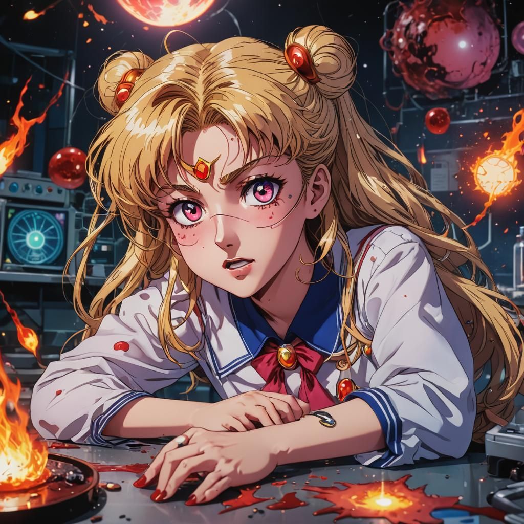 Wounded Sailor Moon in a Surreal Anime Laboratory