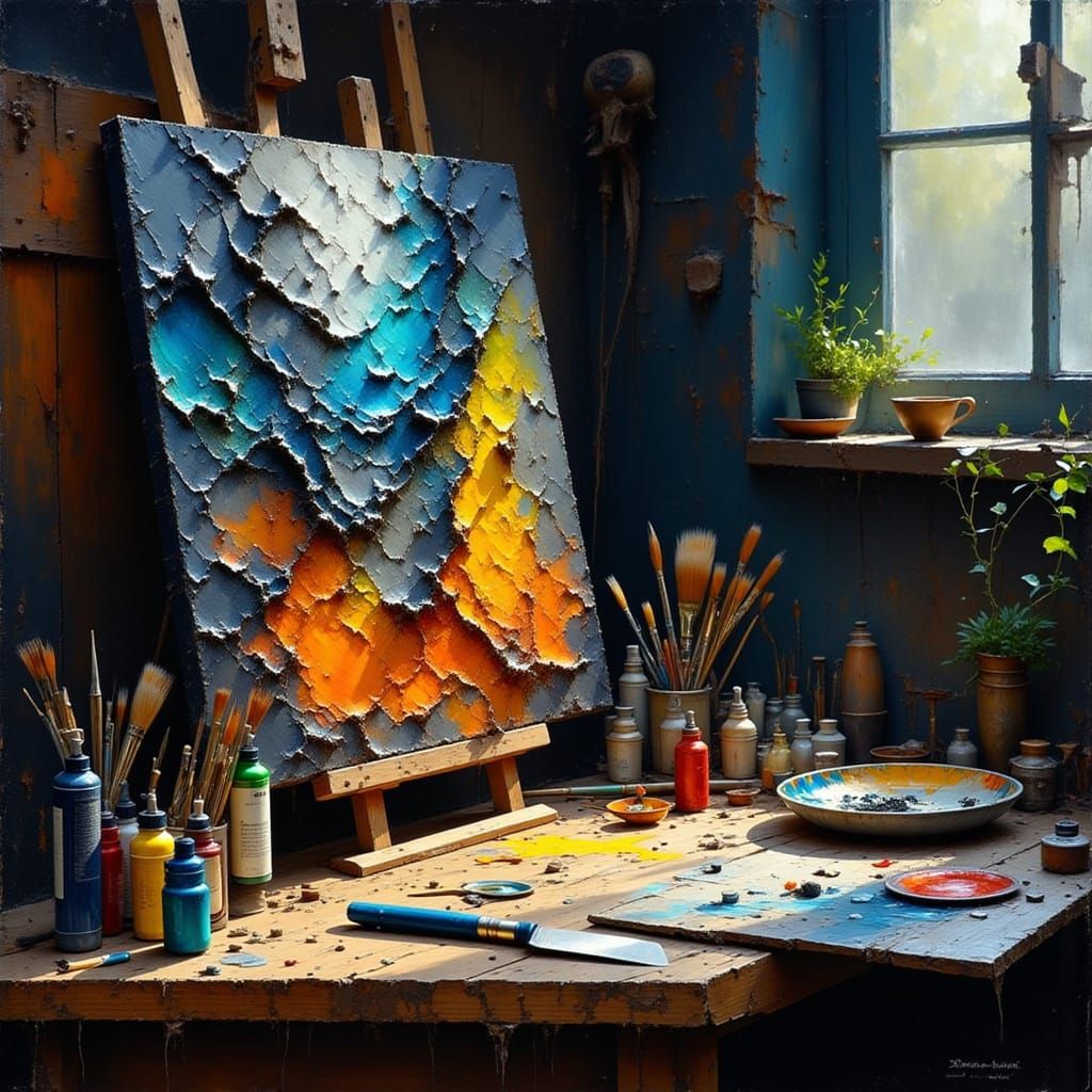 Painter's Workbench with Oil Paints and Unfinished Canvas