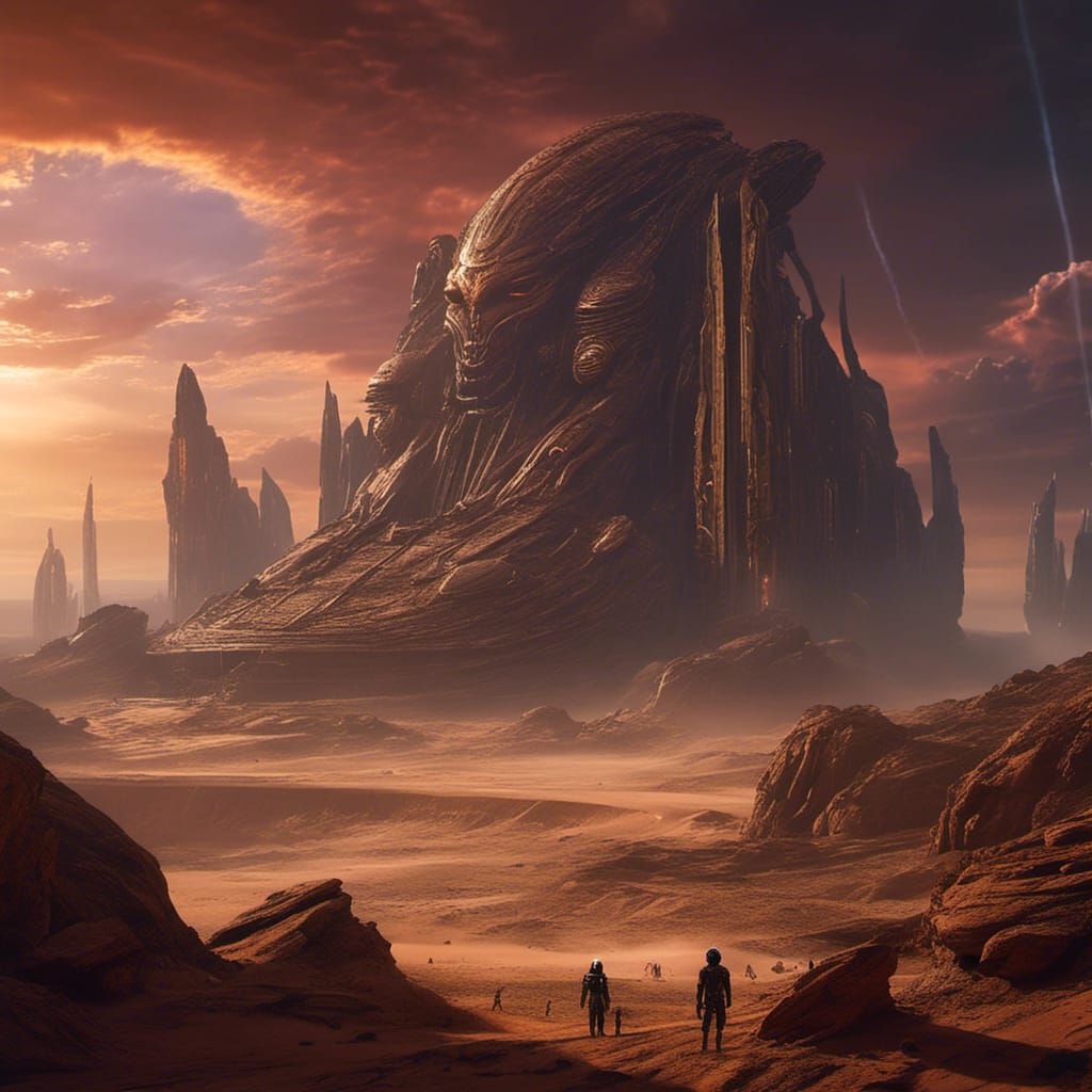 Alien God Judging Humans in Stormy Desert