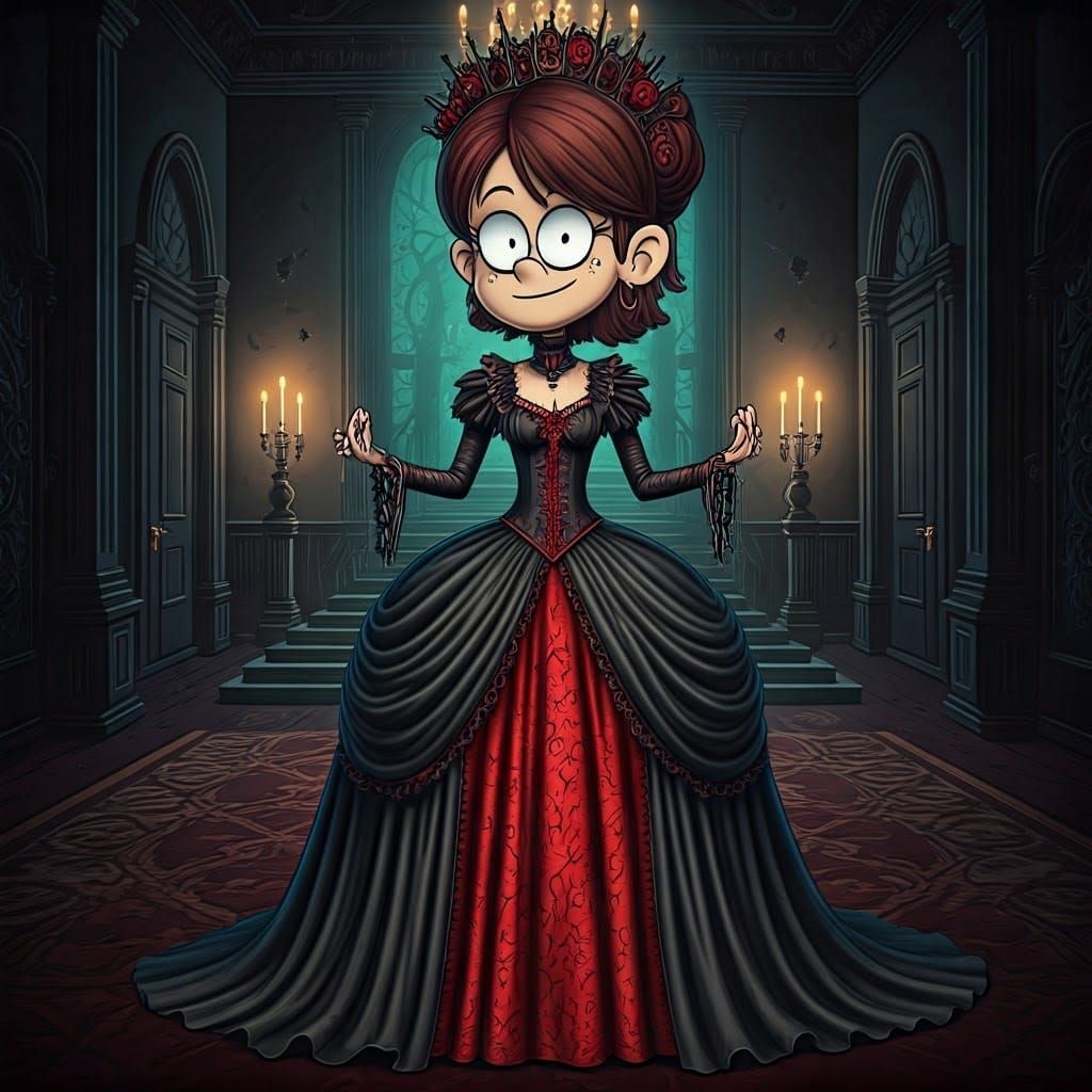 Imagine Lynn Loud from The Loud House as a gothic fashion icon, posing dramatically in a haunted mansion. She is wearing...