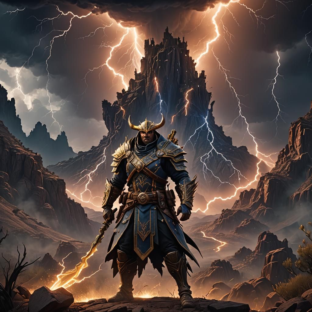 Epic Fantasy Warrior in Stormy Skies