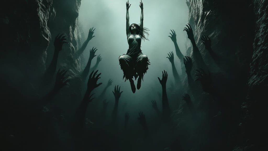 Dark Fantasy Woman Suspended Above Monstrous Pit in Haunting...