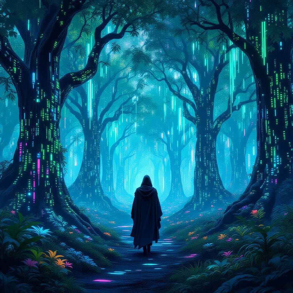 Mystical Data Stream Forest with Hooded Figure