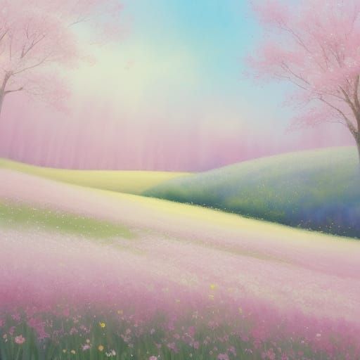 Dreamy Spring Flower Field in Impressionist Watercolor Style