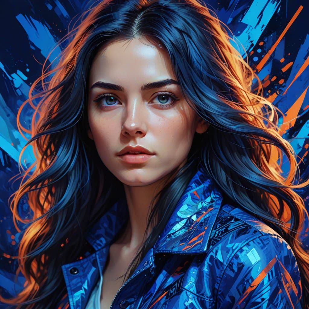 Young Woman in Blue: Vibrant Digital Portrait