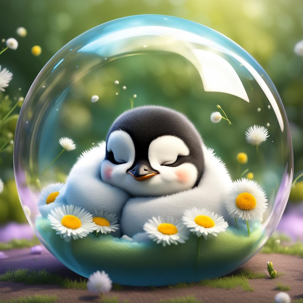 Baby Penguin Dreams in Bubble: 3D Digital Art