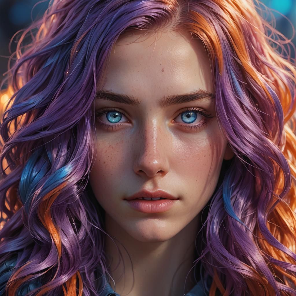 Hyperrealistic Portrait of a Purple-Haired Girl in Unreal En...