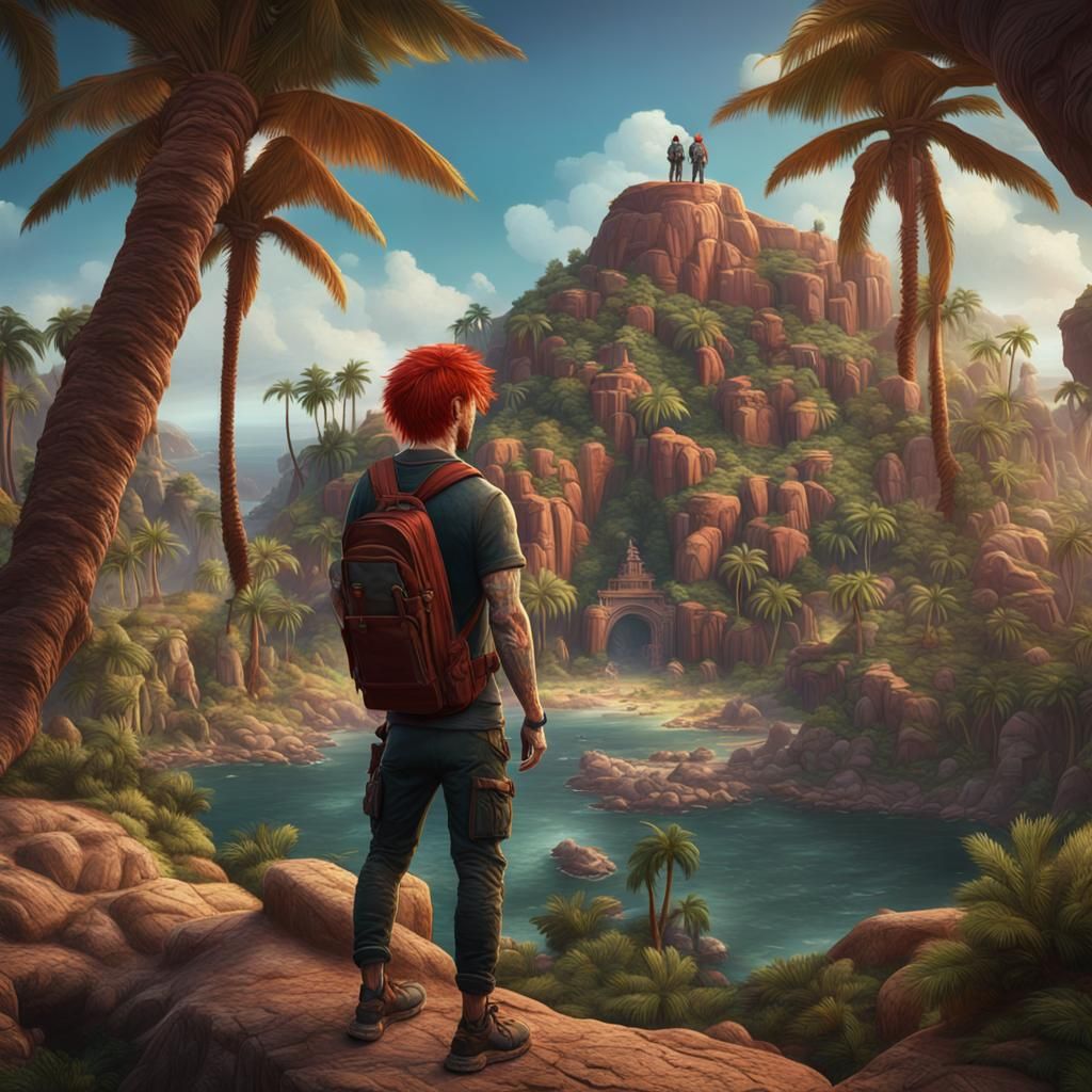 Island City With Red Haired Man, Detailed Matte Painting