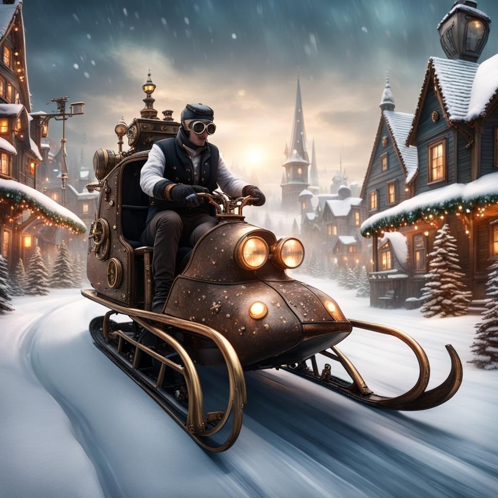 Steampunk Snowmobile Through Christmas Village