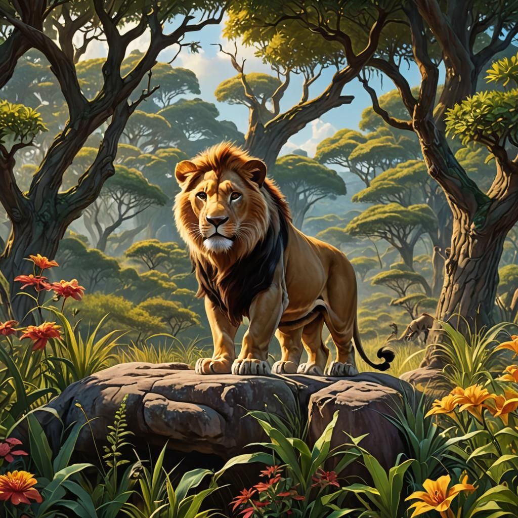 Simba's Birth on the Savannah: Gouache Style