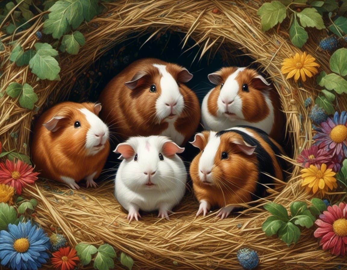guinea pig family in a hay nest