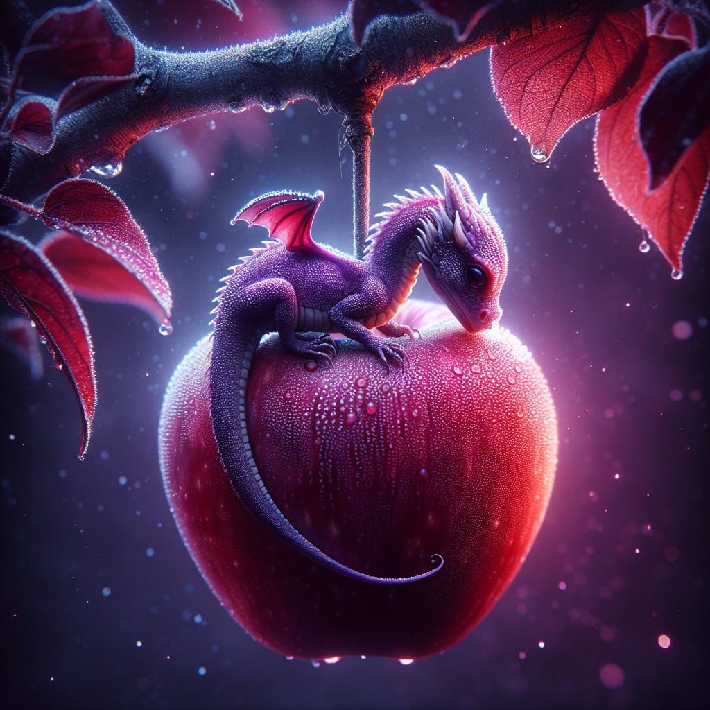 Surreal Fantasy Art Depicting a Regal Purple Dragon on a Cri...