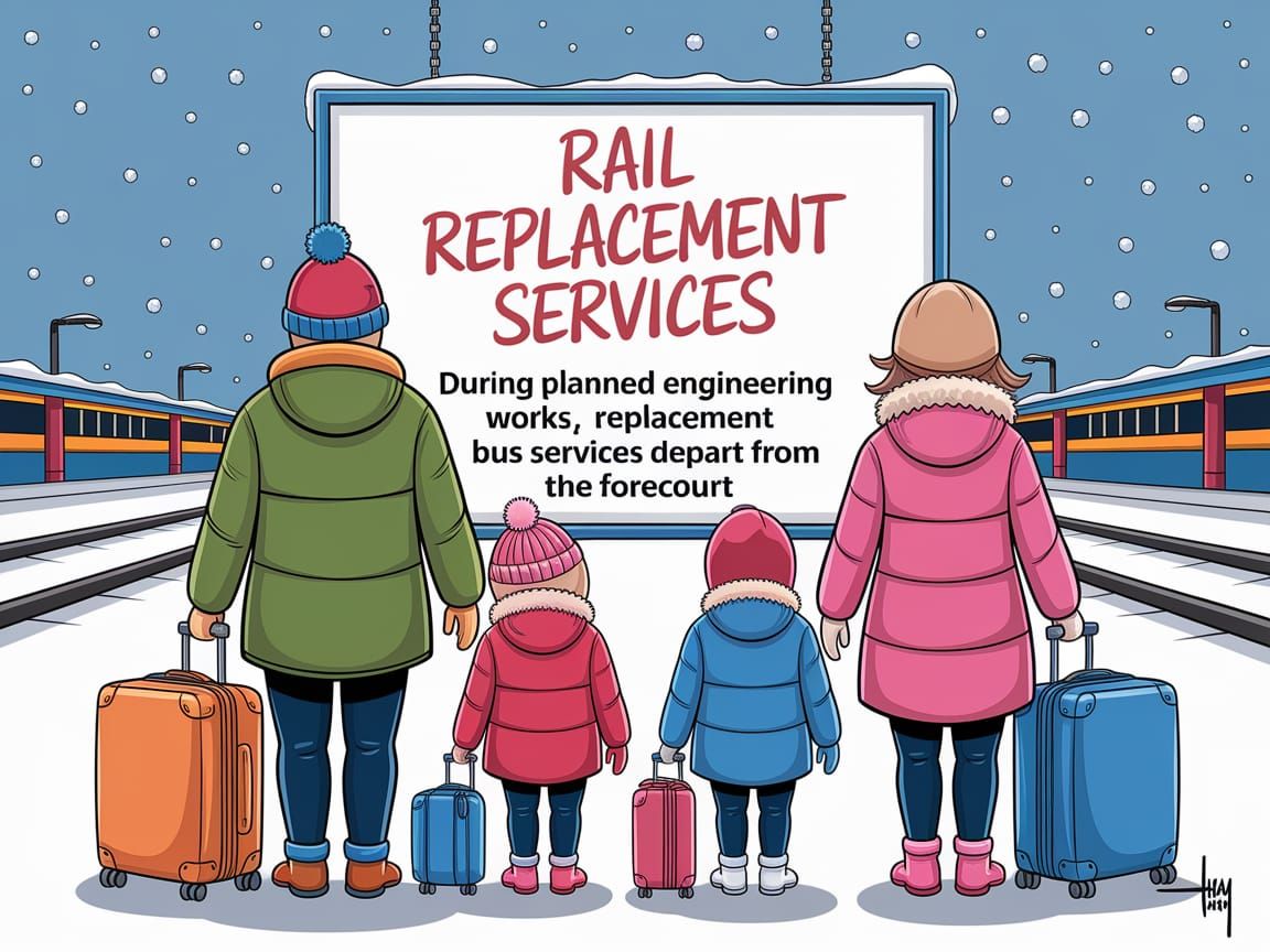 Family Stranded at Closed Station in Cartoon Style