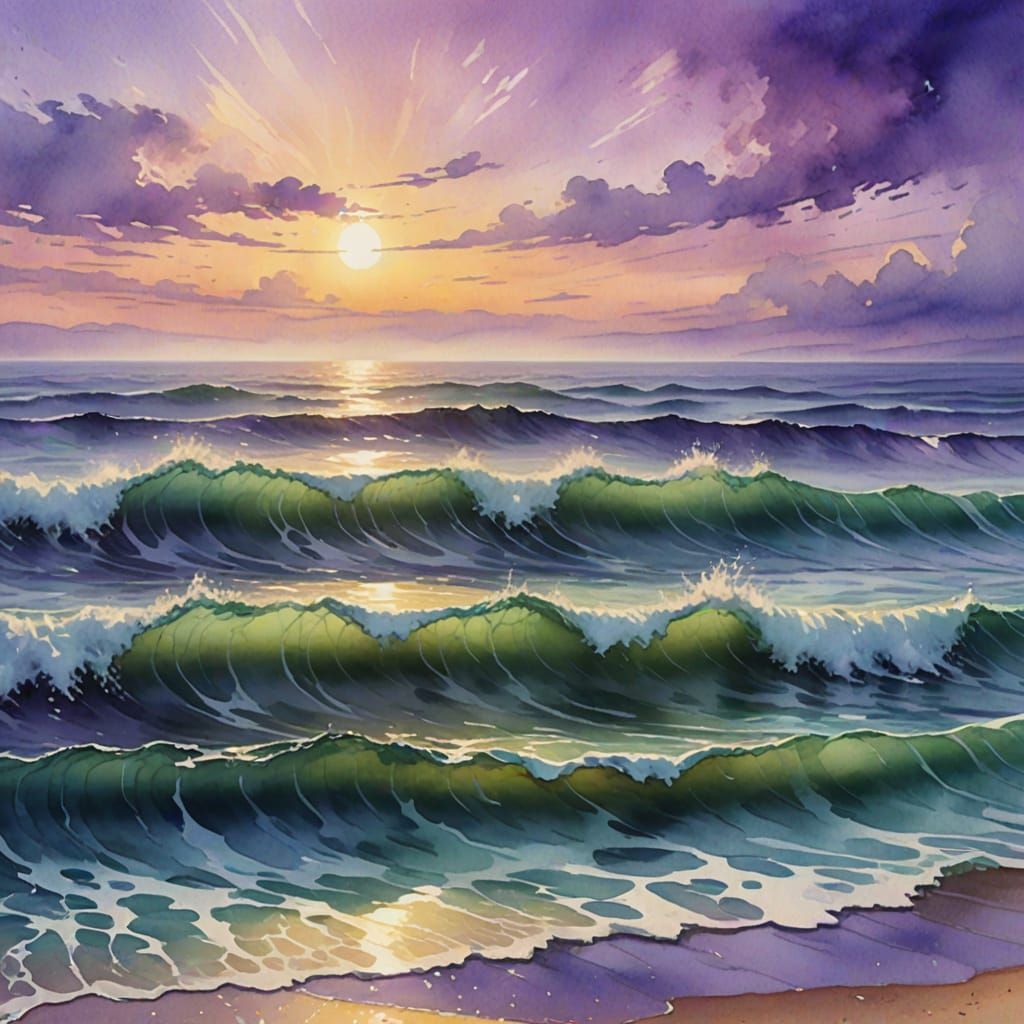 Dreamy Purple Seascape in Ethereal Watercolor Style