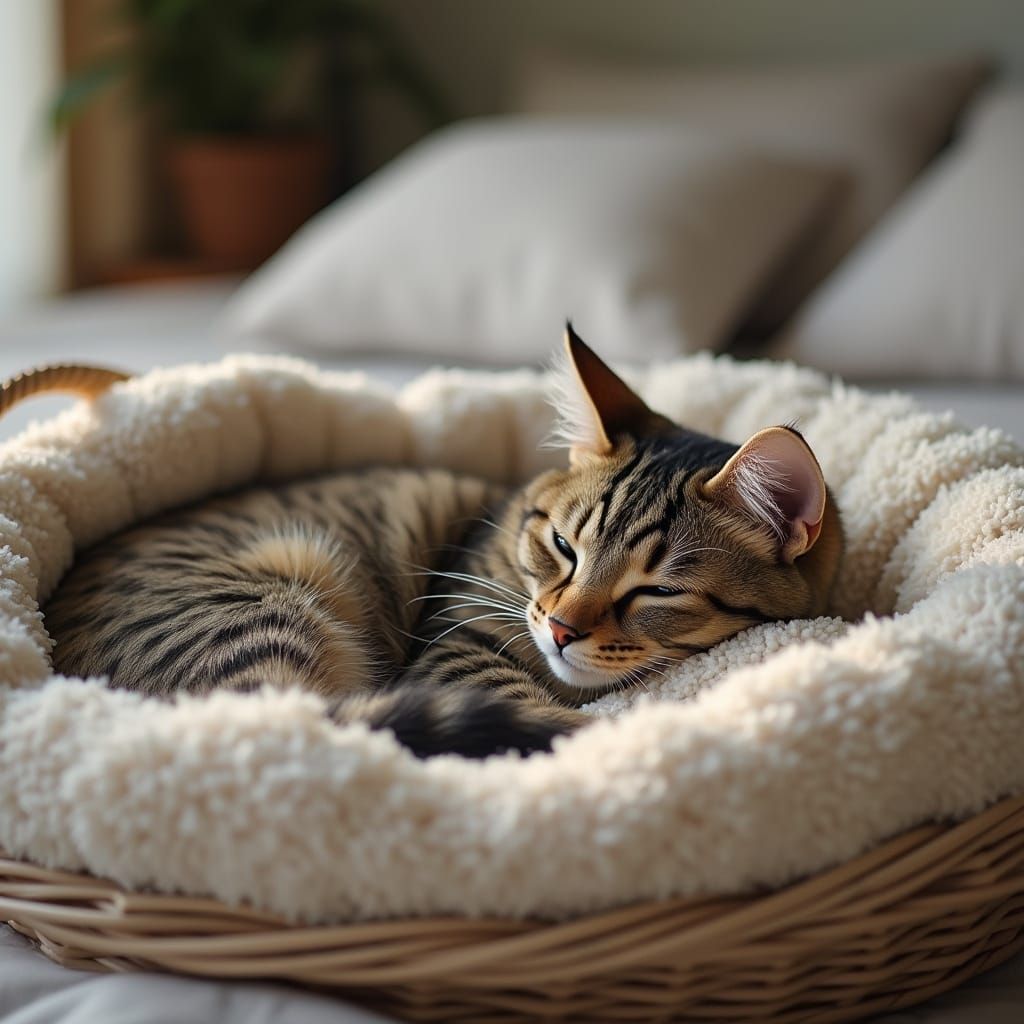 Cat Napping Peacefully in Basket on Bed