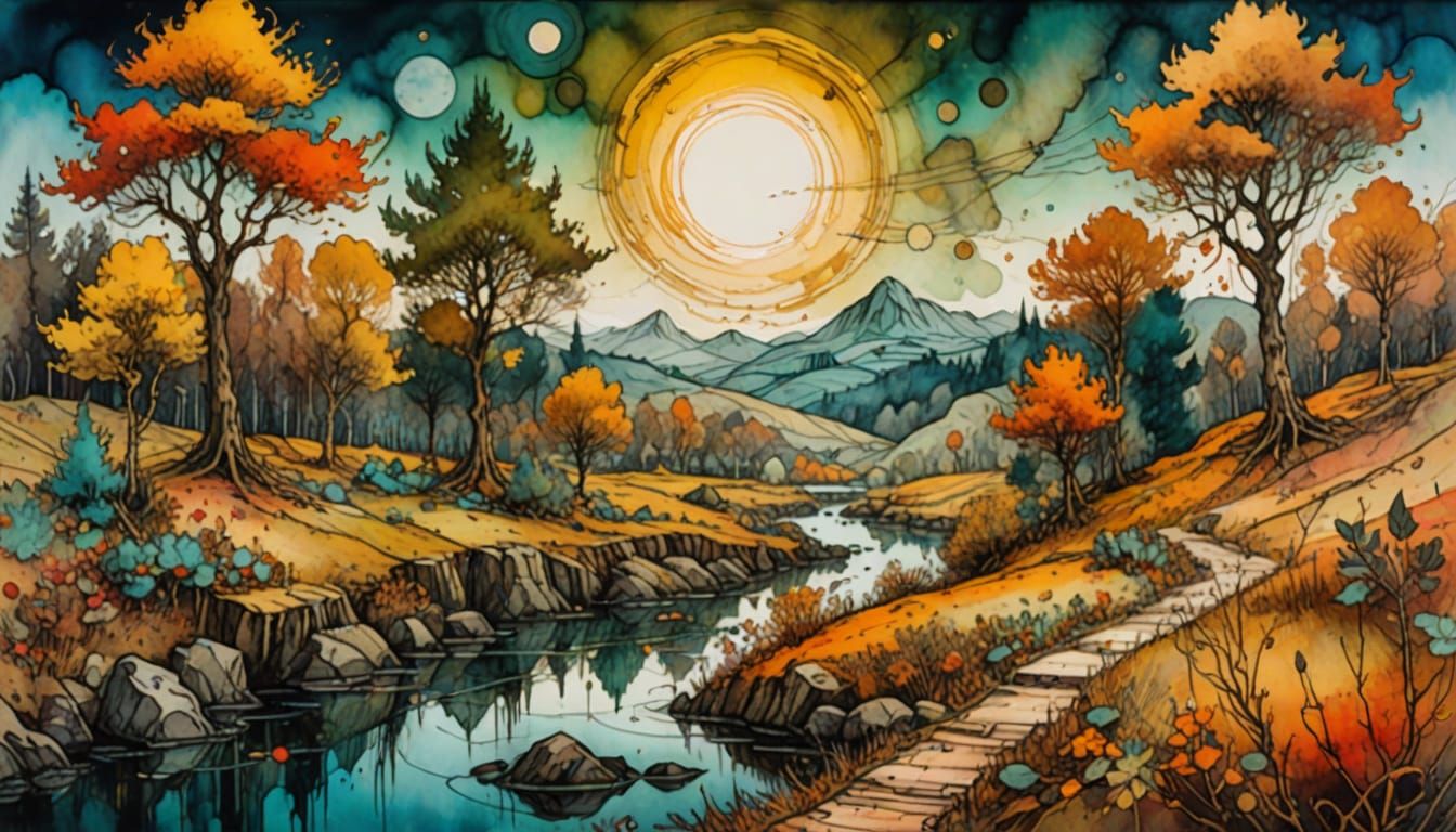 Vibrant Autumn Landscape with Whimsical Volumetric Lighting