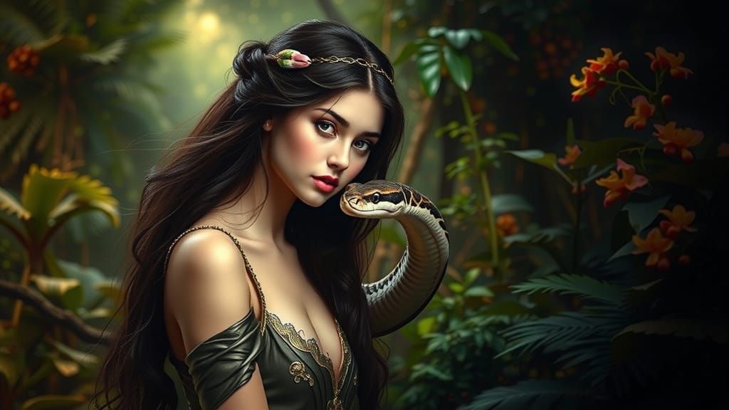 Mysterious Portrait of Woman with Snake in Jungle