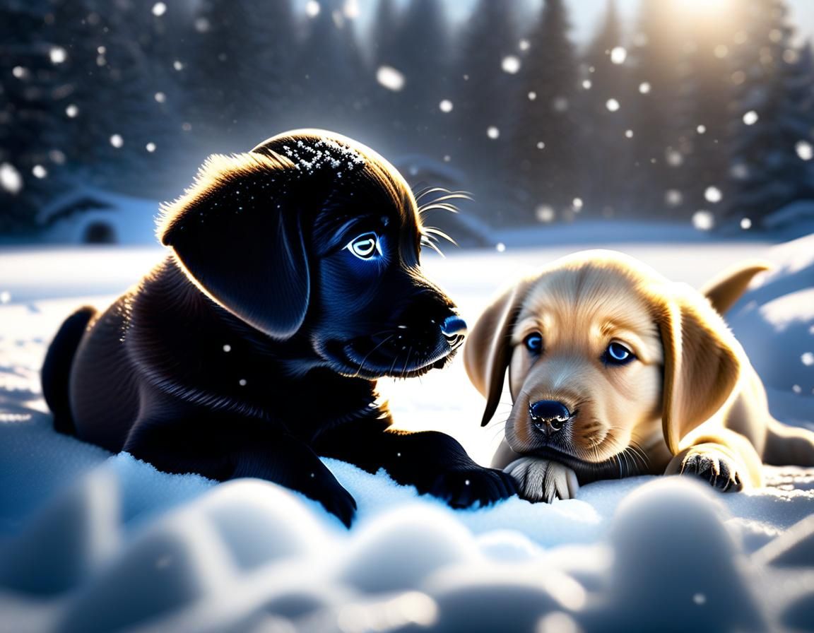 Labrador Puppies Play in Winter Snow Scene
