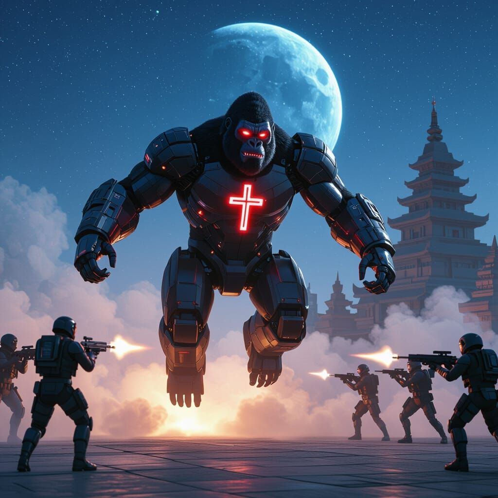 Gorilla Robot with Jet Thrusters Leaping from Futuristic Tem...