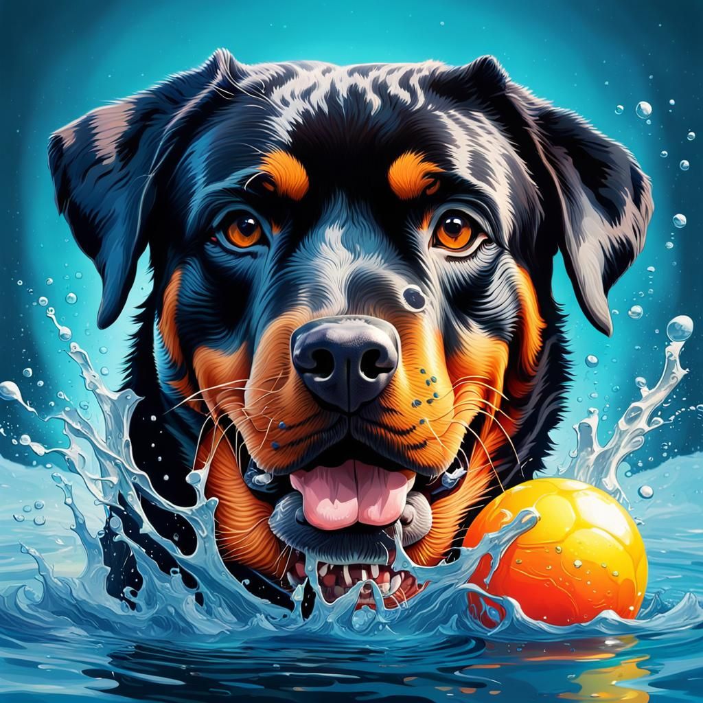 Underwater Rottweiler Plays Ball: Hyperrealistic Splash Art