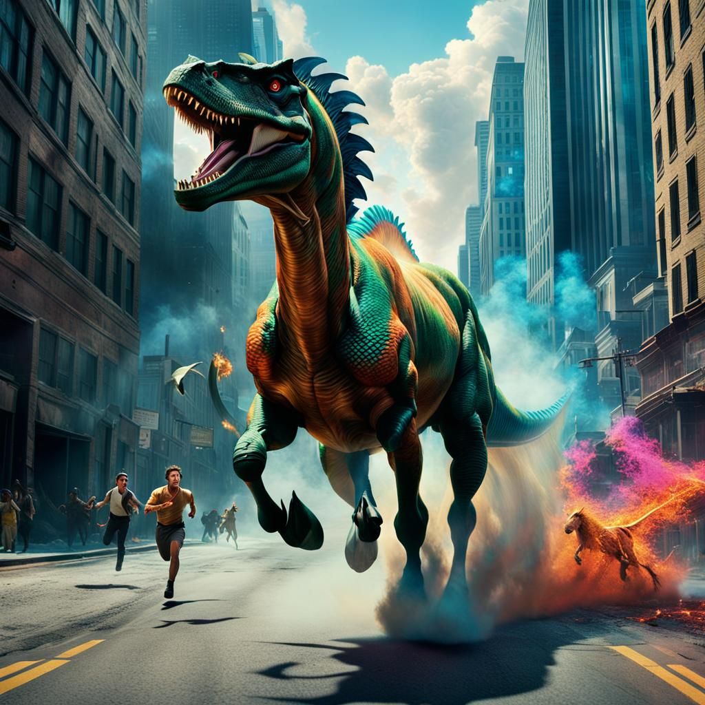 T-Rex Centaur Gallops Through City, Dinosaur Fantasy
