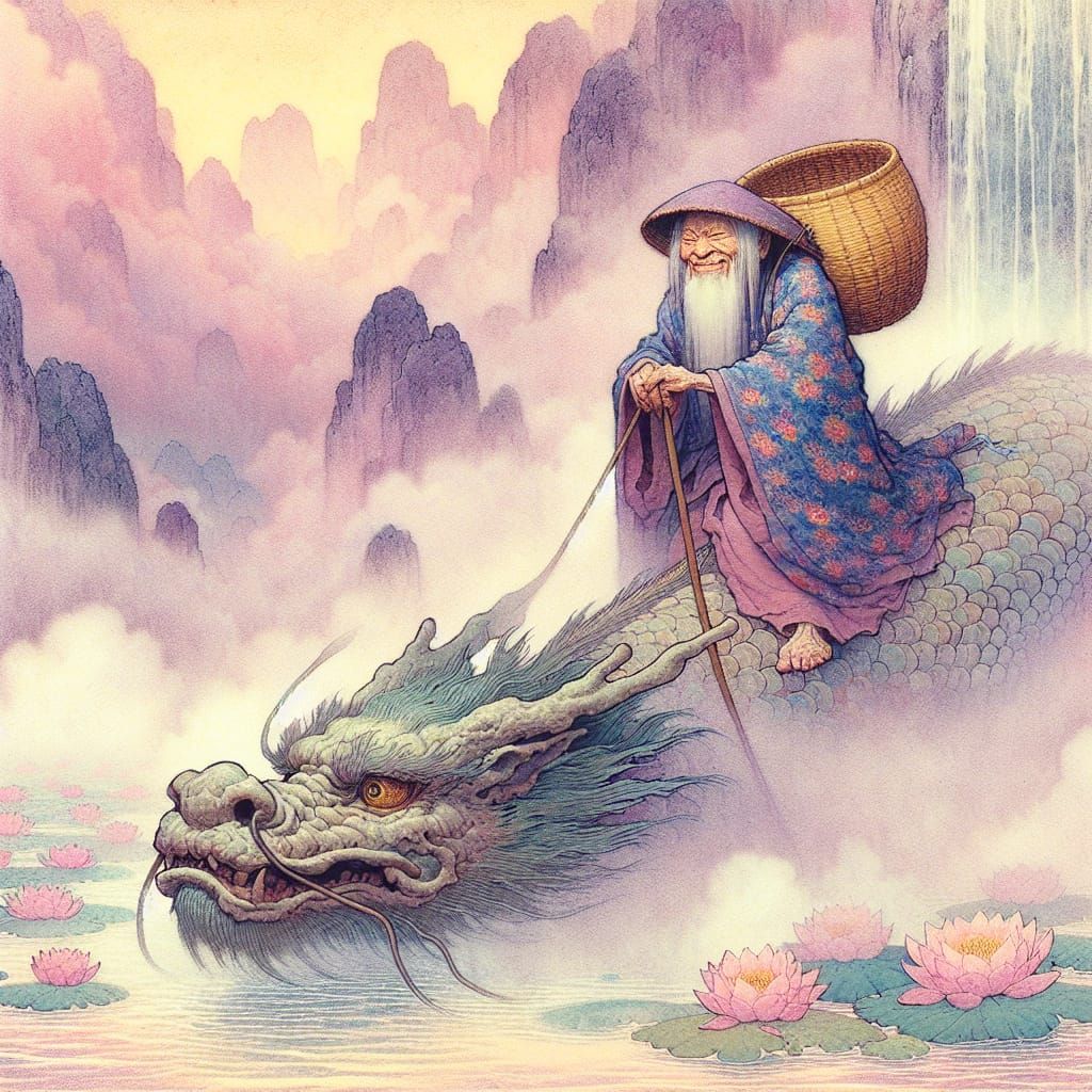 Dragon Rider in Dreamscape: Ukiyo-e Style Print
