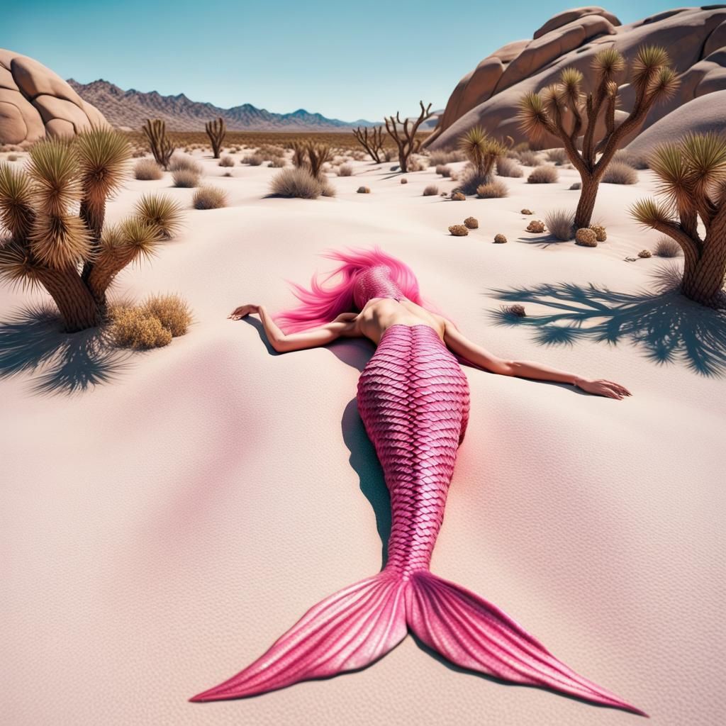 Pink Mermaid Washes Ashore in Desert Dreamscape