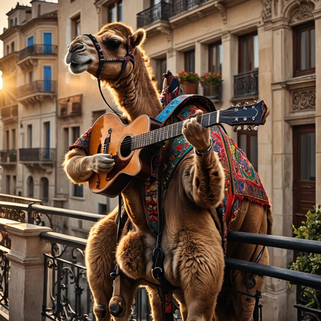 Camel Plays Guitar on Balcony at Sunrise