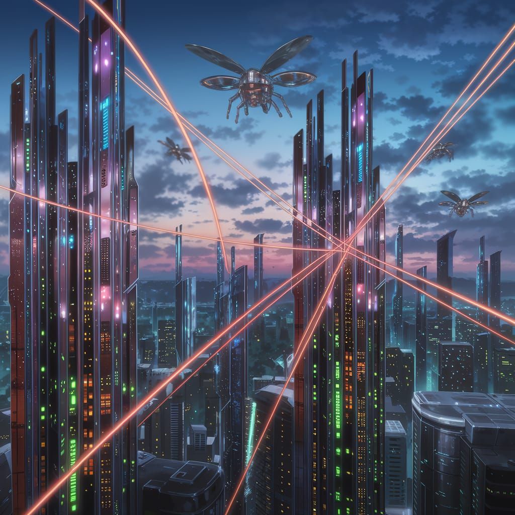 Retro-Futuristic Cityscape at Dusk with Energy Conduits
