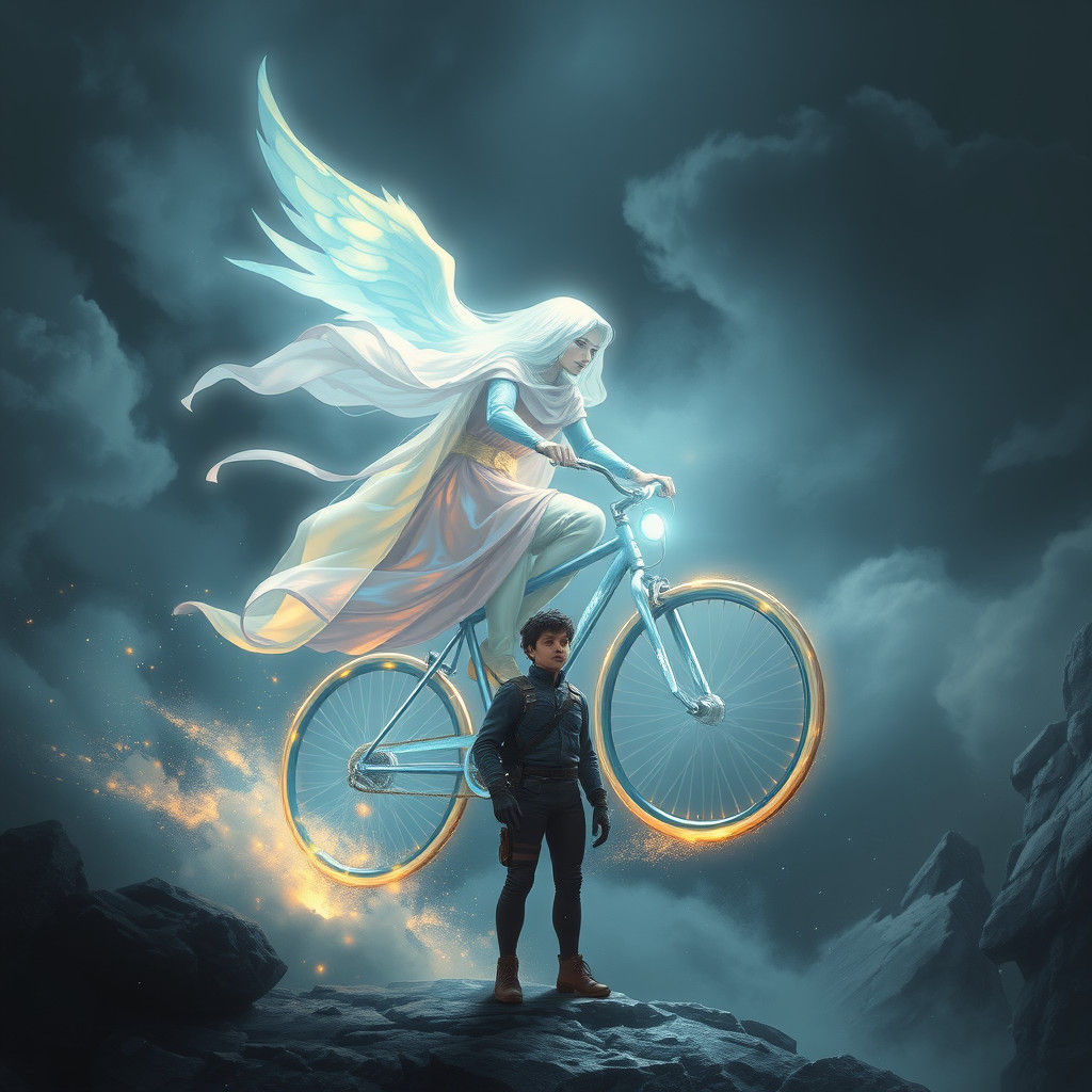 Ethereal Biker Soaring Through Stormy Cloudscape