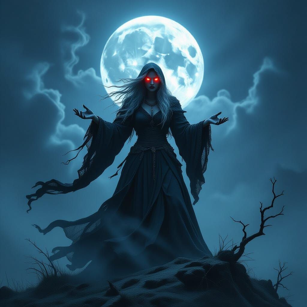 Horror Witch Conjuring Spirits in Foggy Night