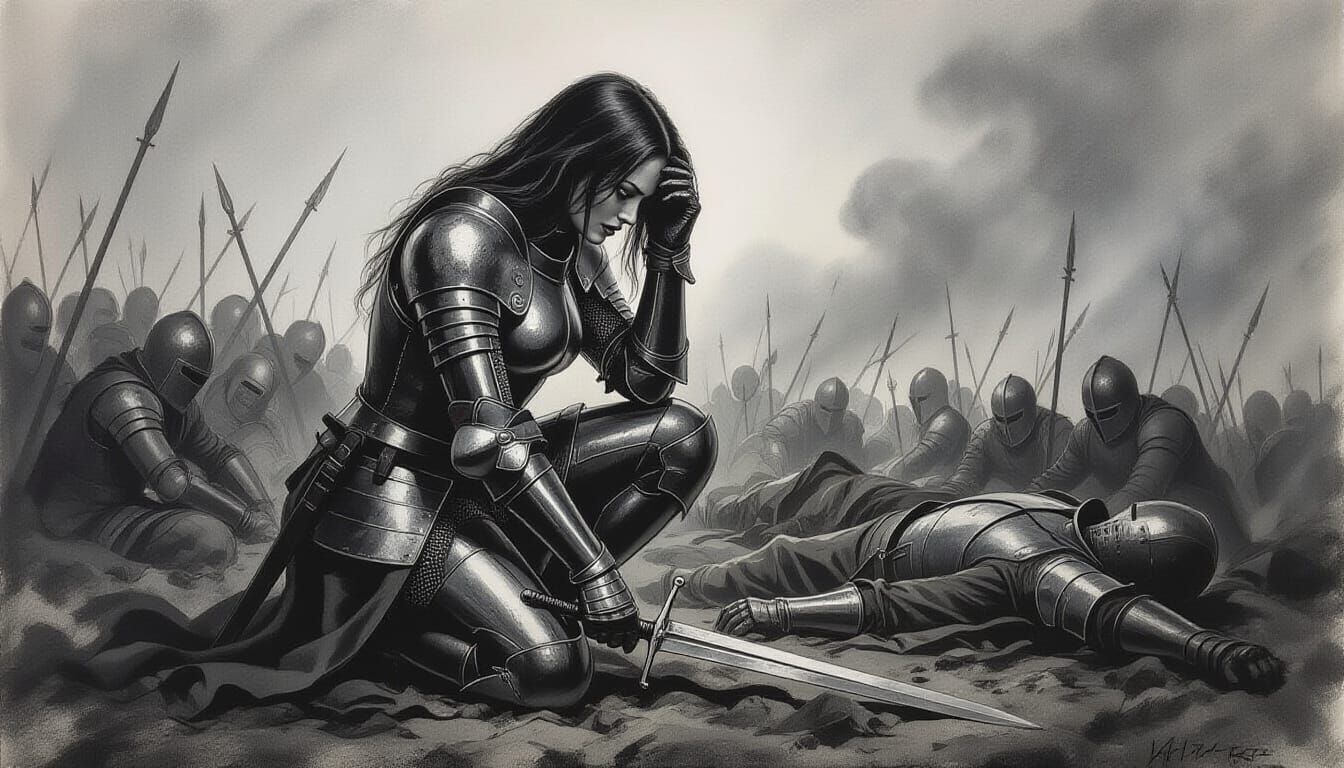 Knight Kneeling in Defeat, Charcoal Drawing Style