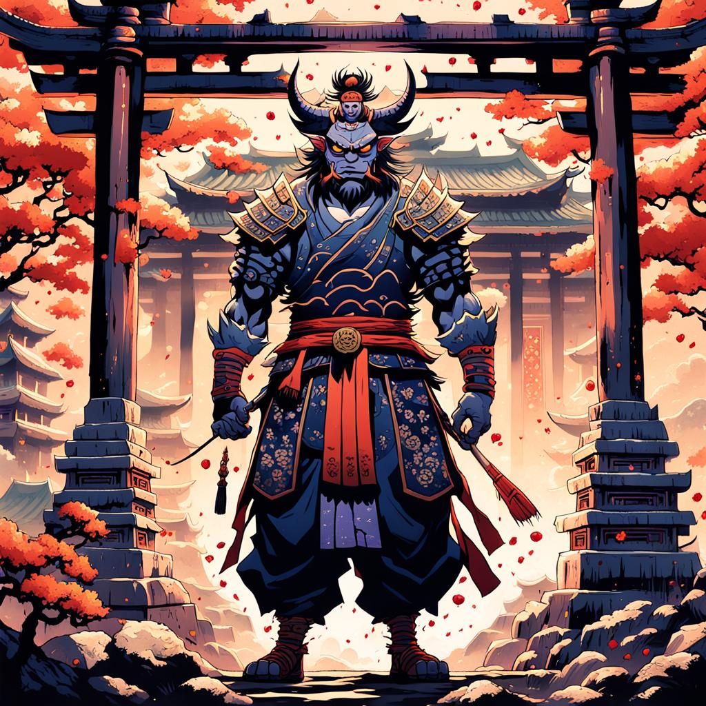 Hero in Whimsical Japanese Temple Scene with Plum Blossoms