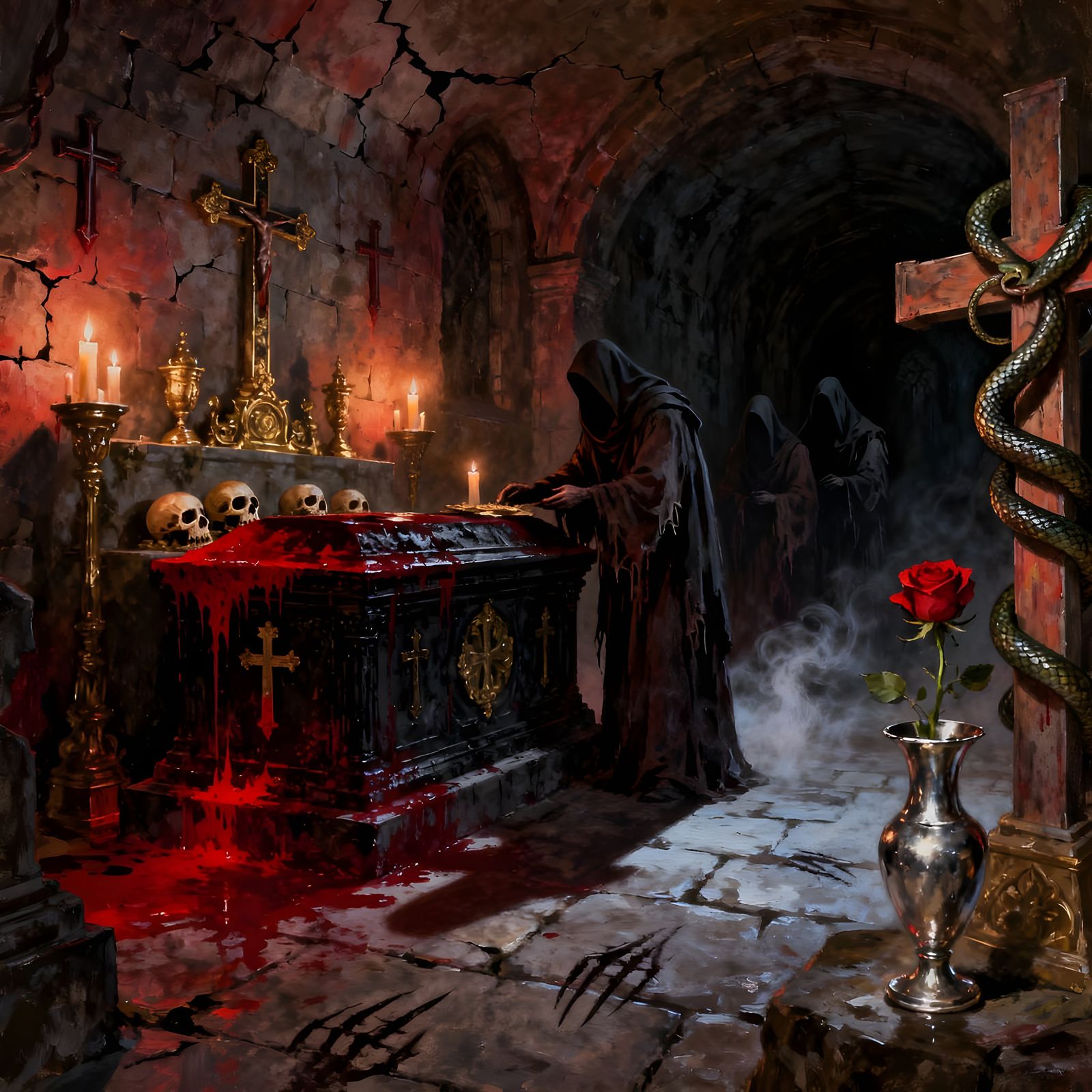 Macabre Crypt Oil Painting of Last Rites in Greg Rutkowski S...